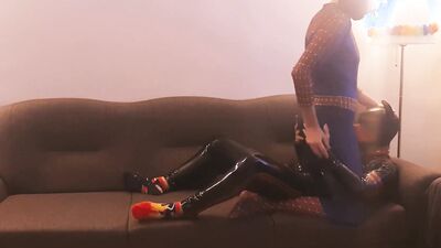 Full leather bloke bends on the couch and gets shagged by horny spiderman