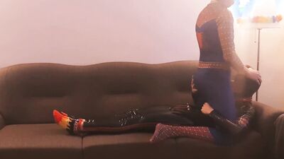 Full leather bloke bends on the couch and gets shagged by horny spiderman
