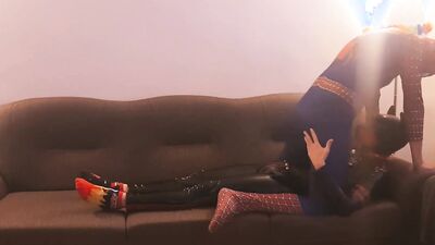 Full leather bloke bends on the couch and gets shagged by horny spiderman
