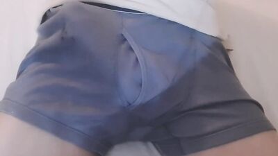 Dude plays with his huge sausage with a panties on