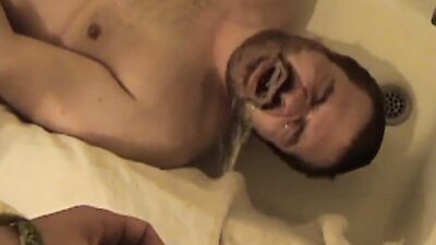Perverted stepdad is craving for a hot pee all over himself