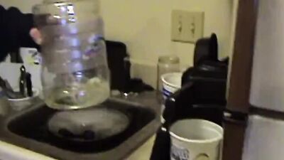 Perverted stepdad is craving for a hot pee all over himself