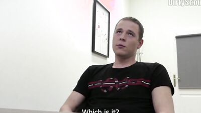 Cute teen is playing with naughty stranger's cock on a job interview