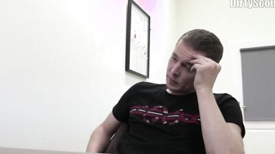 Cute teen is playing with naughty stranger's cock on a job interview