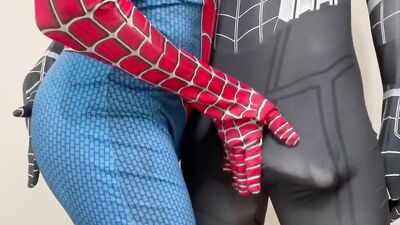 Perverted spiderman is sucking his roommate's cock in this hot scene