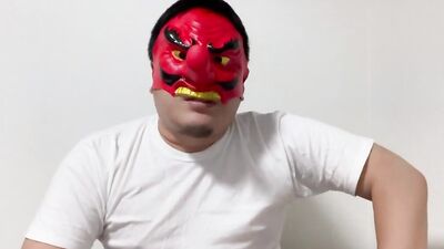 Chubby masked bloke is jerking off in front of the camera