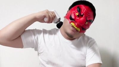 Chubby masked bloke is jerking off in front of the camera