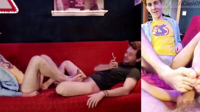 Perverted bloke gives his roommate a footjob while been filmed
