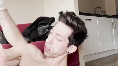 Skinny bloke gets his both holes filled with two cock