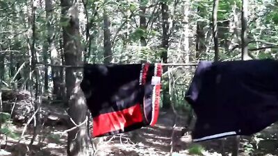 Amateur Russian is stroking his hard willy deep inside the woods