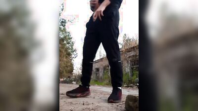 Perverted Russian bloke is jerking off out in the open
