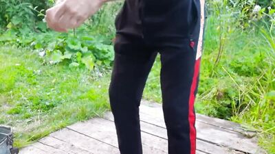 Skinny amateur Russian is stroking his hard dong on the porch