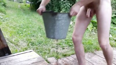 Skinny amateur Russian is stroking his hard dong on the porch