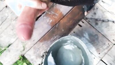 Skinny amateur Russian is stroking his hard dong on the porch