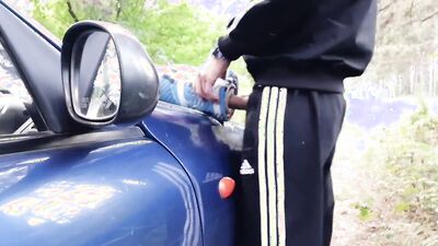 Amateur Russian fella is playing with his dick inside the forest