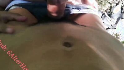 Amateur masked bloke sucks and rides hard cock inside the forest