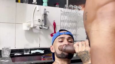 Cute fellow bends inside the kitchen and gets bonked by his mate