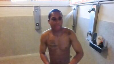 Horny dude is filming himself while taking a hot shower