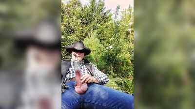 Perverted cowboy is stroking his willy in this solo performance