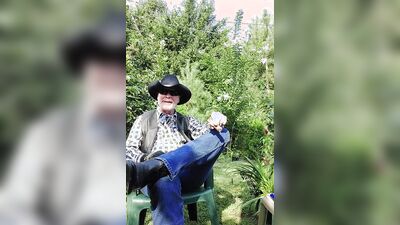 Perverted cowboy is stroking his willy in this solo performance