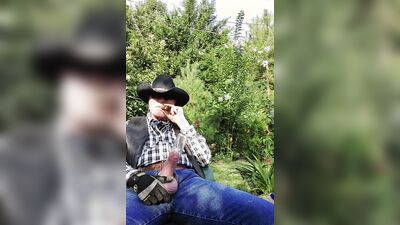 Perverted cowboy is stroking his willy in this solo performance