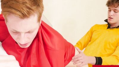 Cute ginger twink bends in the bedroom and gets fucked from behind
