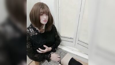 Naughty Japanese sissy is stretching his willy in this solo performance