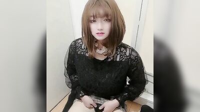 Naughty Japanese sissy is stretching his willy in this solo performance