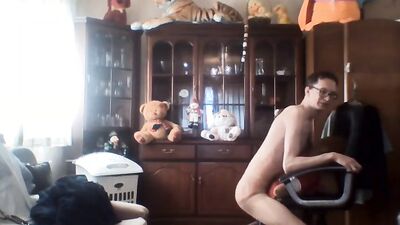 Skinny chap is rubbing his hard pecker on a Teddy Bear