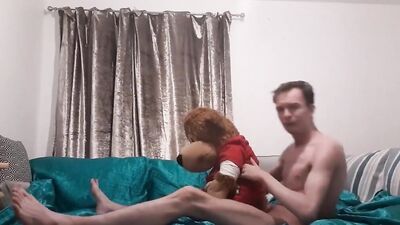 Amateur skinny chap is rubbing his dick on a Teddy Bear