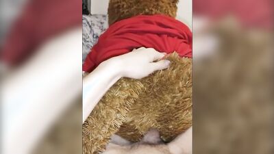 Amateur skinny chap is rubbing his dick on a Teddy Bear