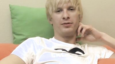 Blonde twink is jerking his phallus in front of the camera