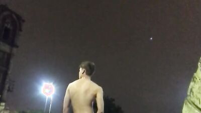 Naked fella is jerking his big johnson out in the open