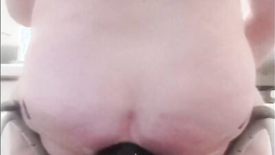 Amateur chap is riding his enormous black dildo in his solo performance