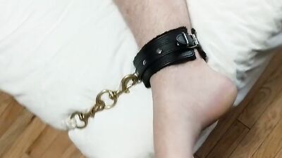 Tied up chap gets his pecker stroked by a stranger