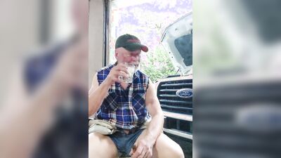 Naughty mechanic is filming himself while jerking his hard phallus