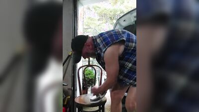 Naughty mechanic is filming himself while jerking his hard phallus