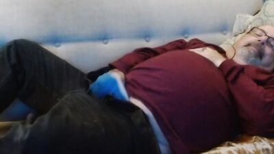 Chubby stepdad is stroking his tiny willy in this solo performance