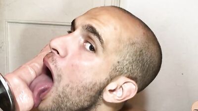 Perverted guy Dilan is drilling his throat with a huge mechanical toy