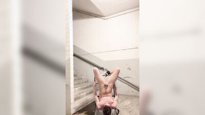 Handsome German bloke is jerking his pecker on a stairs
