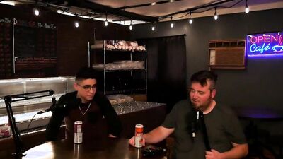 Two amateur fellows are having some fun on a live podcast