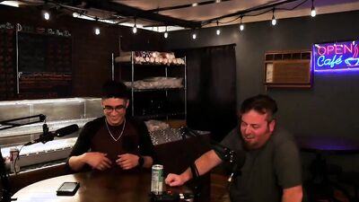 Two amateur fellows are having some fun on a live podcast