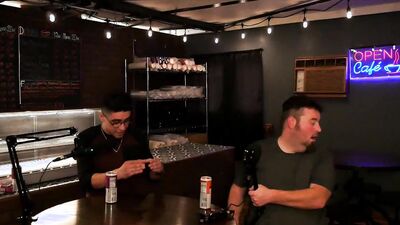 Two amateur fellows are having some fun on a live podcast