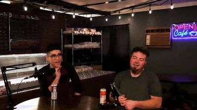 Two amateur fellows are having some fun on a live podcast