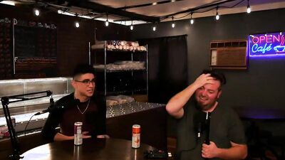 Two amateur fellows are having some fun on a live podcast
