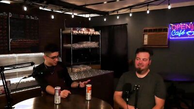 Two amateur fellows are having some fun on a live podcast