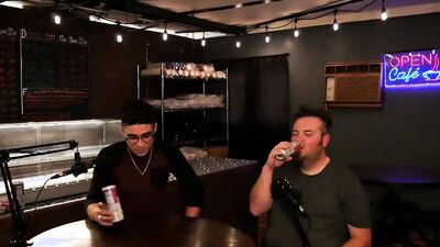 Two amateur fellows are having some fun on a live podcast