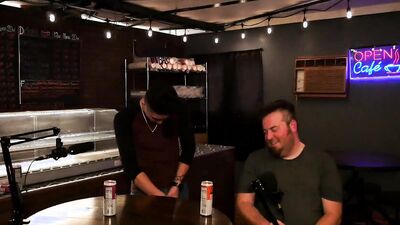 Two amateur fellows are having some fun on a live podcast