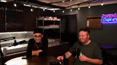 Two amateur fellows are having some fun on a live podcast