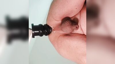Chubby amateur fellow bends and gets his ass drilled with a toy